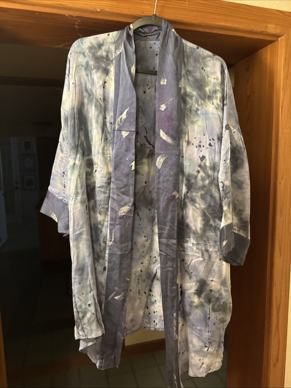 URU Blue Silk Art  Shawl Cover Up Paint Splash Tie Dye Multicolor Patchwork OSFM
